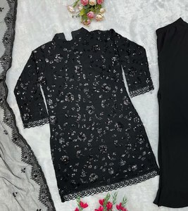 2025 superbe couleur noire col rond semi-point matériel haut et plazzo avec ensemble Dupatta pour Eid et Ramzan mois spécial - Product Image 6