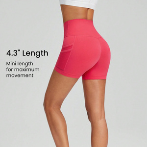 Shorts de yoga pour femmes en nylon 100% fabriqués en usine, taille mi-haute, coupe régulière, fines poches latérales doubles, respirants, personnalisables, pour l'été - Product Image 5