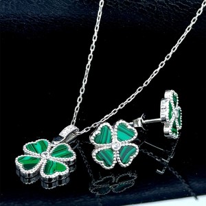 Ensemble collier et boucles d'oreilles en malachite argentée, trèfle, argent sterling 925, art déco, certifié IGI, bijoux porte-bonheur à quatre feuilles, cadeau - Product Image 6