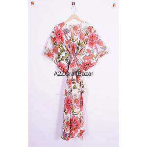 Vestido Midi Ajustado de Algodón 100% con Cuello en V y Manga Corta, Estampado Floral con Volantes, Ajuste Regular Formal, Transpirable, Ecológico, Cintura Natural - Product Image 5