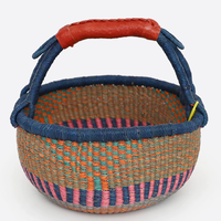 Panier Bolga africain fait main en jonc de mer naturel avec poignée en cuir – Rangement décoratif et essentiels pour pique-nique, rangement domestique