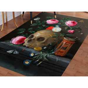 Alfombra Barroca con Diseño Floral de Calaveras: Tapete Gótico de Estilo Académico Oscuro, Alfombra Delgada No Tejida - Product Image 1