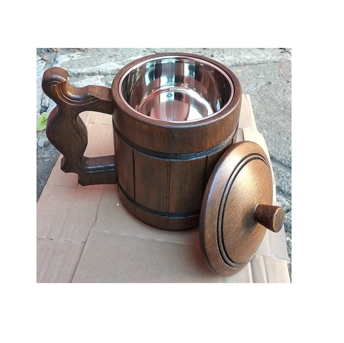 Gỗ bia Mug thép không gỉ cup lưu niệm handmade vòng hình dạng với nắp thiết kế xử lý và Sản phẩm bán nóng