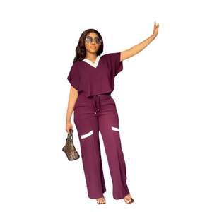 Camiseta de manga corta informal de color sólido conjunto deportivo pantalones de pierna recta conjunto de dos piezas de verano para mujer - Product Image 4