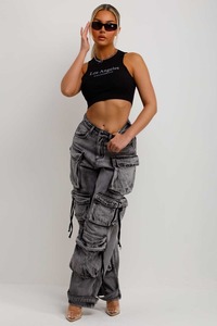 กางเกงยีนส์ทรงตรงสีเทาอ่อนแบบวินเทจ มีกระเป๋าคาร์โก้ สำหรับผู้หญิง เป็นมิตรกับสิ่งแวดล้อม แห้งเร็ว เอวยืดหยุ่น - Product Image 3