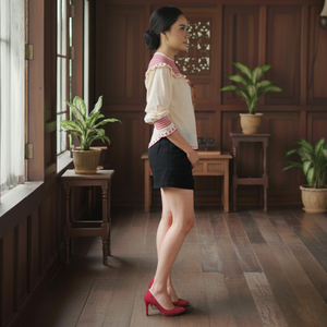 Ensemble Sedondon Raya 2025 Baju Kurung Borong Factory Vintage Brodé à épaules bouffantes Sulam Texturé Écologique Géométrique - Product Image 3