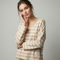 Pull décontracté rayé à col en V ample pour femme, tricoté à la machine, respirant, manches longues, style marin, longueur standard, 100 % coton