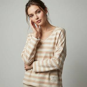Pull décontracté d'été pour femme, col en V large, rayé, style marin, 100% coton - Product Image 3