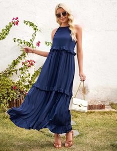 เดรสยาวสีน้ำเงินสไตล์ฤดูใบไม้ผลิและฤดูร้อนสำหรับผู้หญิง ผ้าเรยอน 100% ดีไซน์พันรอบตัว คอทรงกลม เหมาะสำหรับงานปาร์ตี้ - Product Image 2