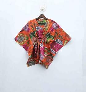 Tiger Print Green Maxi <b>Kaftan</b> Dress Women's Cotton Sleepwear Cover up Short Sleeves Hand Block Printed Indian Handmade Caftan - Product Image 1