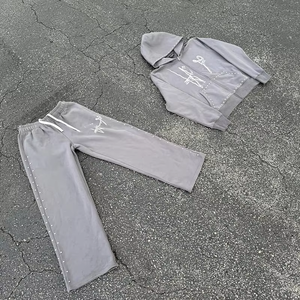 OEM Men's Custom Screen Printed Washed <b>Rhinestone</b> Hoodie Set <b>rhinestone</b> Flared Stacked Tracksuit Sweat suit for Winter - Product Image 3