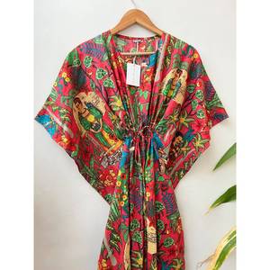 Robe Kaftan en Coton Imprimé Jaipuri, Kimono Élégant en Coton, Robe Faite Main à Motifs Floraux Imprimés, Respirante, Taille Unique pour les Loisirs - Product Image 3