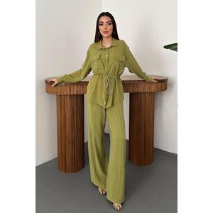 Olive Button Detailed Shirt And Ribbed <b>Trousers</b> Set - Olive - Product Image 1