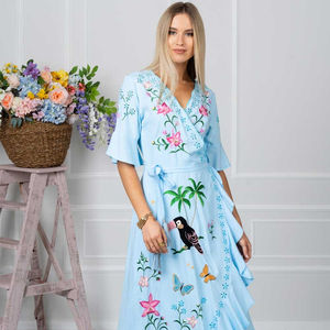 ชุดเดรสแม็กซี่ปักลายโบฮีเมียนใส่สบายชุดเดรสยาวครึ่งแขนสไตล์หวานมีสายคาดเอวผ้าธรรมชาติ - Product Image 1