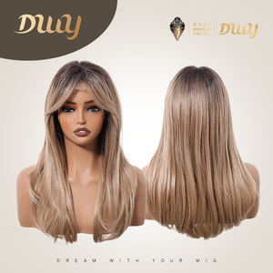 Melanie-DWY High Quality Premium Synthetic Lace Front Long Straight Layered Glueless <b>Wig</b> Transparent Lace Small Cap Bangs Blonde - Product Image 3