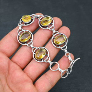 Joyería fina, piedra preciosa citrino amarillo creada en laboratorio, hecha a mano, pulsera de cadena chapada en plata 925, regalo de diseñador para mujer - Product Image 2