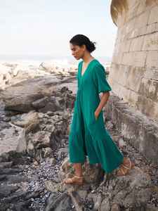 Look attrayant tissu de gaze de coton bohème mi-longueur coupe ample Maxi robe vacances col en V avec robe à demi-manches - Product Image 4