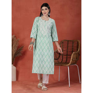 ชุดคุर्ตาผ้าฝ้ายทรงตรงสำหรับผู้หญิง ลายดอกไม้ คอวี แต่งดิ้น ระบายอากาศได้ดี เอวทรงธรรมชาติ - Product Image 1