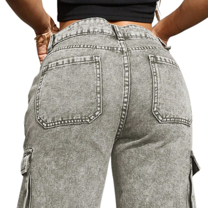 Custom Womens <b>Light</b> Grey Wide Leg Cargo Jeans Mid Regular Fit for Wash Denim Utility Streetwear Pants Everyday 100% Cotton - Product Image 4