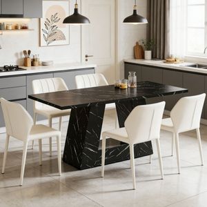 Table à manger rectangulaire en bois massif, mobilier de salle à manger stable, assemblée, avec plateau en pierre frittée et marbre - Product Image 1