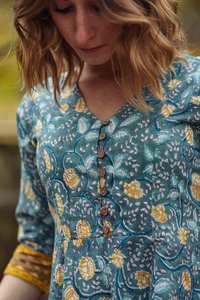 Robe en coton imprimé à la main Ikat bleu jaune Robe bohème mi-longue - Product Image 6