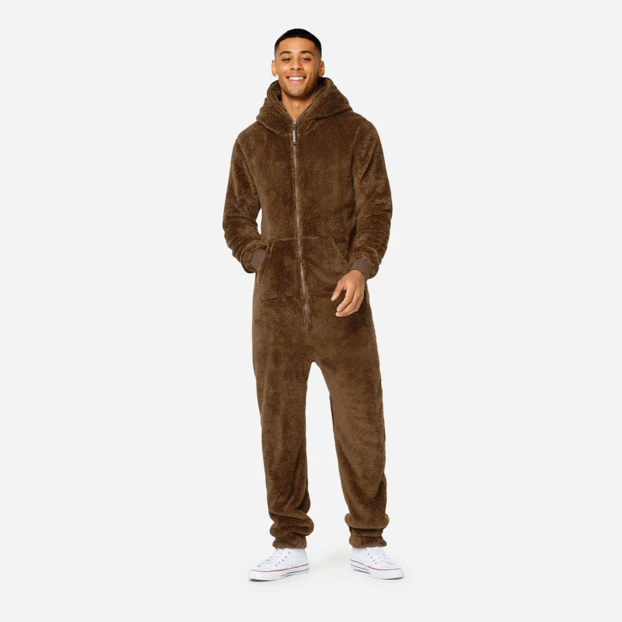 100% Poliéster Soft & Stretchy Fleece Tecido Two Way YKK Qualidade Zipper Unisex Brown Puppy Jumpsuit