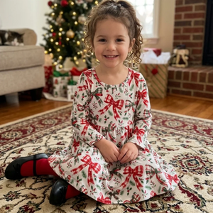 Robe de noël imprimée à manches longues pour filles, robe trapèze en coton avec motif de nœud papillon, longueur aux genoux, vêtements d'hiver pour enfants - Product Image 2
