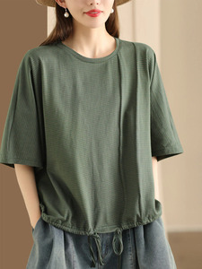 Vintage Primavera Verano Mujer Raglan Media manga Casual Stripe Strap Algodón O-cuello Camiseta Top - Product Image 4