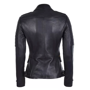 Chaqueta de Mujer Azul de Piel de Cordero Genuina, Transpirable, Resistente al Viento, con Cierre de Cremallera, Estilo Motero, Corte Ajustado, Cuello Mao - Product Image 5