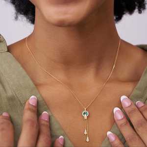 Sólido 14K oro Lariat colgante collar Esmeralda verde círculo diamante borla gota laboratorio crecido diamante encanto Esmeralda verde collar - Product Image 4