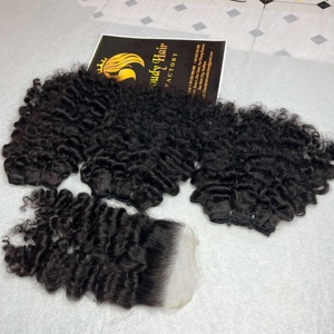 Tissage en lot brésilien Remy naturel avec Lace Closure 100%, cheveux frisés bruts, qualité 10A, lot de 3, vente en gros - Product Image 5