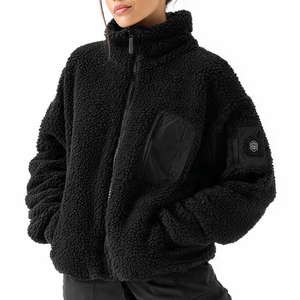 Chaqueta de Forro Polar Negro para Mujer, Talla Grande, con Bolsillo en el Pecho, Chaquetas de Forro Polar Sherpa para Mujer, Chaqueta de Forro Polar con Cuello Alto para Invierno - Product Image 1
