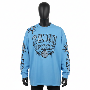 Camiseta de Manga Larga de Algodón Jersey de Alta Calidad, Sensación Suave, Azul Cielo, Impresión Personalizada con Logotipo de Pedrería para Hombre - Product Image 1