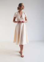 Robe Midi Longue Ceinturée en Coton Unie pour Femme, Robe Élégante Col V Manches Courtes, Tendance B2B