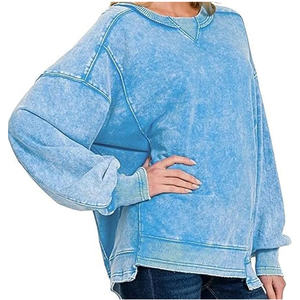 Sweat-shirts oversize pour femmes en molleton de coton lavé d'hiver, panneaux personnalisés, rayures latérales, taille plus, streetwear, fentes latérales, col rond côtelé - Product Image 2