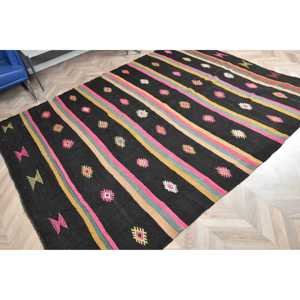 พรมตุรกีขนาดใหญ่ 6.6x8.7 ฟุต พรมวินเทจสีดำชมพู พรมขนสัตว์แบบตะวันออก - Product Image 4