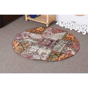 Tapis Patchwork en Laine Rustique Classique Beige Orange Fait à la Main 3.4X3.3 pieds pour Entrée Chambre Couloir-Peluche Pile Rectangle Latex - Product Image 3