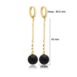 Pendientes de aro de cadena larga de perla negra de Mallorca, venta al por mayor, joyería fina artesanal de Plata de Ley 925 turca - Product Image 2