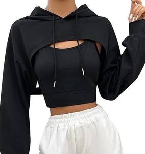 เสื้อมีฮู้ดผ้าฝ้ายผูกเชือกสำหรับผู้หญิงเสื้อโยคะเปิดไหล่ตกเสื้อฮู้ดกีฬาแบบแอกทีฟออกแบบได้ตามต้องการ - Product Image 1