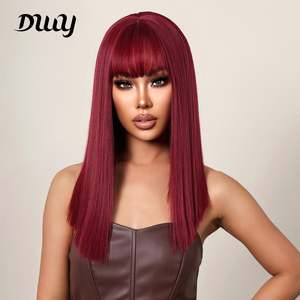 Camila-DWY Burgundy Layered Synthetic <b>Wig</b> 30-32 Inches Middle Length Transparent Lace Bangs High Quality Heat Resistant Fiber - Product Image 4