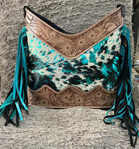 Sac à bandoulière en cuir véritable métallisé avec franges en fourrure Sac à bandoulière en cuir sculpté à la main avec pompon Boho Sac à bandoulière pour femmes Sacs à main en cuir occidental - Product Image 4