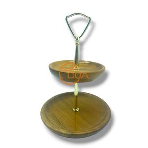 Plateau de service en bois à deux niveaux fait à la main avec poignée en métal pour desserts, fruits ou apéritifs - Product Image 3