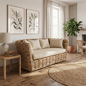 Sofá Surabaya con Estructura de Madera de Caoba, Media Superficie de Ratán Pulido, Cojines Color Crema Dhapnie, Cama de Día, Muebles de Exterior Premium para Patio - Product Image 4