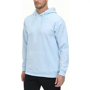 Men's basic fleece pullover hoodies regular fit sky blue color matching drawstring casual pullover men hoodies with front pocket