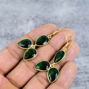 925ลูกแพร์พลอยสามเม็ดชุบทองสเตอร์ลิงต่างหูห้อยทำด้วยมือสำหรับผู้หญิงของขวัญสำหรับเธอ - Product Image 3