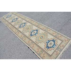 Alfombra Kilim turca Vintage Beige azul 3X10,4ft respaldo de látex de lana hecho a mano para dormitorio pasillo sala de estar patchwork abstracto - Product Image 4