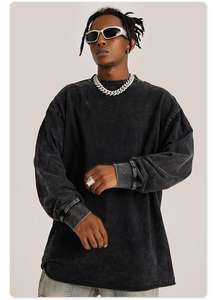 Moda cuello redondo básico Vintage lavado sudaderas 380g hombres desgastados jerséis sueltos - Product Image 6