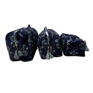 Ensemble de trousses de maquillage en tissu 100% coton pur, motif à pompons, fermeture éclair, poignée souple, réutilisable, grandes/petites tailles, vente en gros - Product Image 2