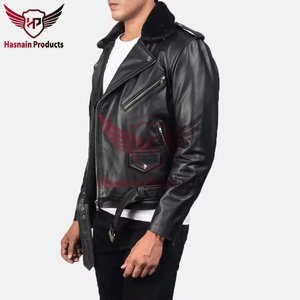 Chaqueta de Motero de Cuero Negra para Hombre con Cuello de Borrego, Piel de Cordero Genuina, Abrigo de Invierno Ajustado a la Moda - Product Image 2