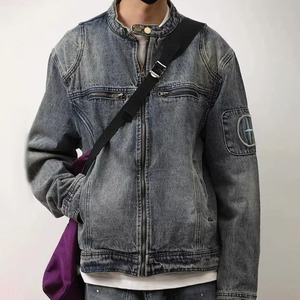 Veste en jean rétro tendance pour hommes Texture lavée brodée sur le bras Col boutonné en peau de mouton décontractée High Street - Product Image 3